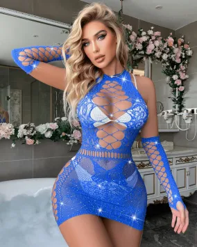 Babydoll with Gloves and Rhinestones S/L - Blue