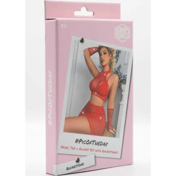 Short, Top & Gloves with Rhinestones S/L- Red
