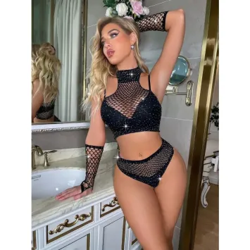 Short, Top & Gloves with Rhinestones S/L- Black